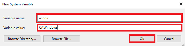 use windir e para valor variável use C Windows e clique em OK para salvar as alterações. O sistema de correção não pôde encontrar a opção de ambiente que foi inserida