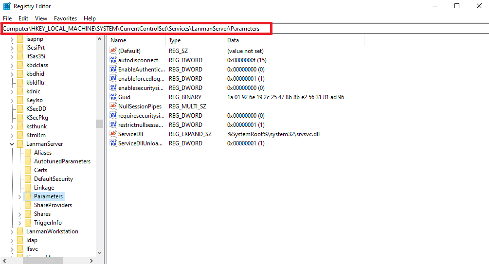 Di editor registri, navigasikan ke HKEY LOCAL MACHINE SYSTEM CurrentControlSet Services LanmanServer Parameters