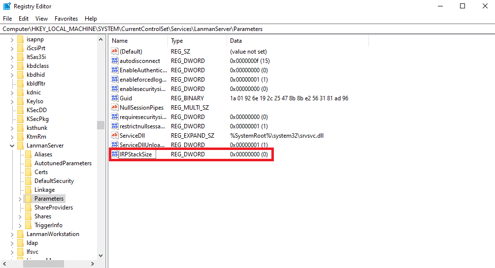 新しい DWORD ファイルに IRPStackSize という名前を付け、それをダブルクリックします