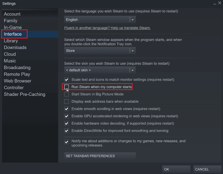 navegue até a interface e clique em executar steam quando meu computador iniciar