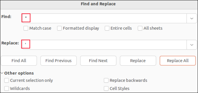 Korzystanie z funkcji znajdowania i zastępowania programu LibreOffice Calc do zastępowania cudzysłowów apostrofami