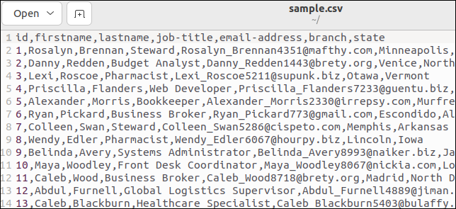 Il file CSV di esempio