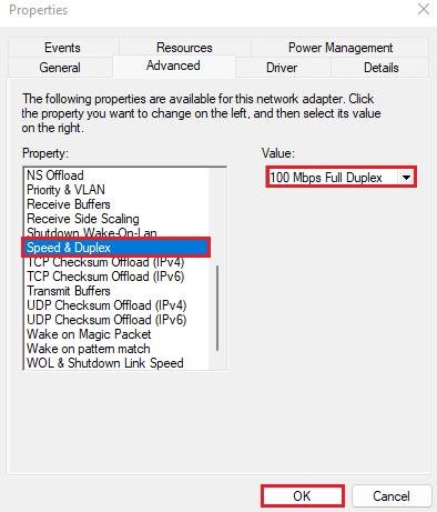 cambiar la configuración de velocidad y dúplex en las propiedades de la red