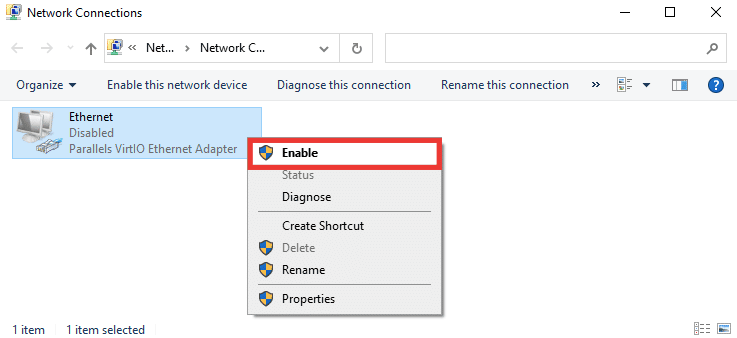 Klicken Sie erneut mit der rechten Maustaste auf denselben Netzwerkadapter und klicken Sie auf Aktivieren. Beheben Sie, dass ein Ethernet-Kabel nicht richtig eingesteckt ist