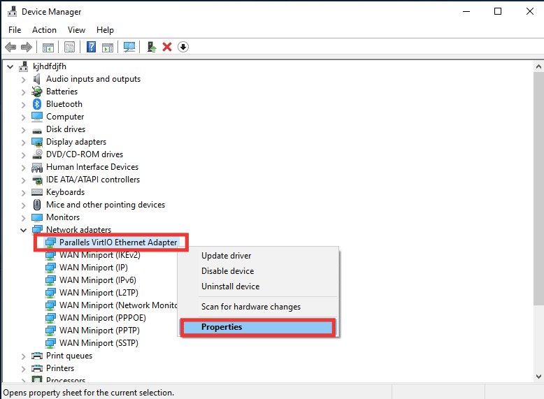 seleccione el controlador de red y seleccione Propiedades. Windows corrige un cable Ethernet que no está correctamente enchufado