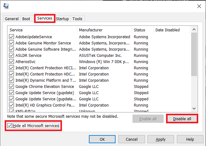 Hizmetler sekmesine gidin ve Tüm Microsoft hizmetlerini gizle'nin yanındaki kutuyu işaretleyin ve Tümünü devre dışı bırak'ı tıklayın.