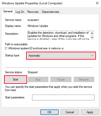 Définissez le type de démarrage sur Automatique et cliquez sur le bouton Démarrer pour démarrer le service. Correction du code d'erreur 0x8078012D dans Windows 10