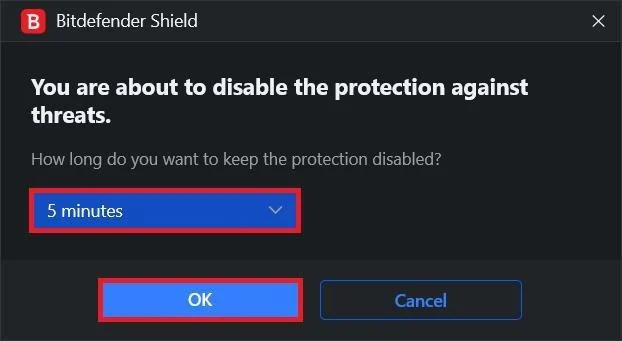 เลือกช่วงเวลาที่คุณต้องการปิด BitDefender และคลิกตกลง แก้ไขข้อผิดพลาดของทรัพยากรที่ไม่ได้เป็นเจ้าของใน Windows 10