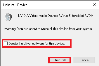 centang kotak Hapus perangkat lunak driver untuk perangkat ini dan konfirmasikan prompt peringatan dengan mengklik Uninstall