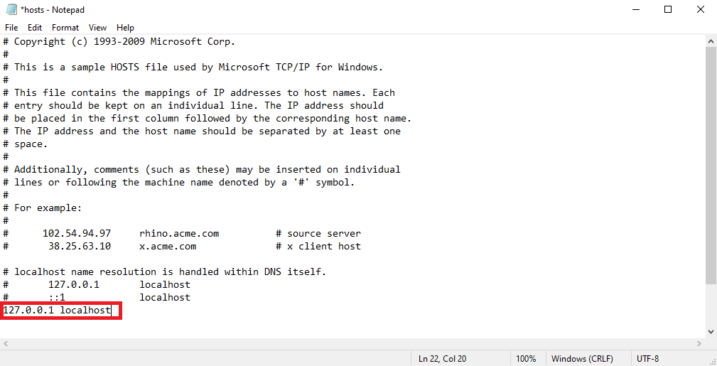 tambahkan 127 0 0 1 localhost di file host. Perbaiki Kesalahan Terjadi Saat Mencoba Permintaan Proksi