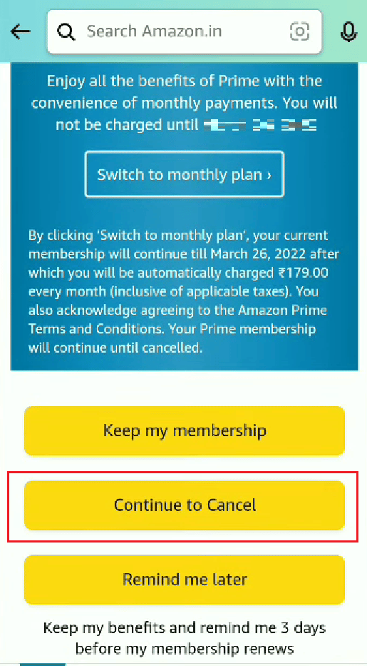 deslize para baixo e toque em Continuar para Cancelar | Como cancelar o Amazon FreeTime sem dispositivo | Cobrança do Amazon FreeTime no cartão de crédito