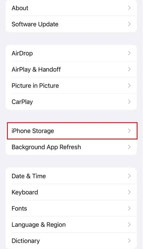 toque el almacenamiento del iPhone en la configuración | La aplicación de Instagram no funciona