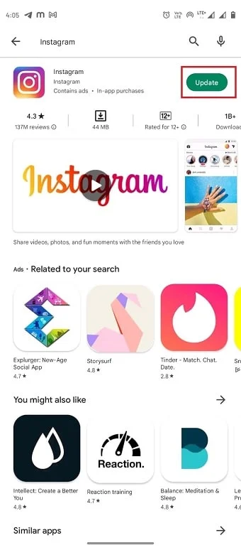 Dari hasil pencarian, pilih Instagram dan ketuk tombol Perbarui | Apa yang Dibutuhkan Instagram Challenge? | Aplikasi Instagram tidak berfungsi