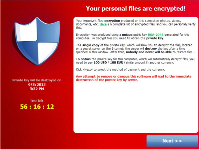 Un messaggio popup di avviso relativo al ransomware.