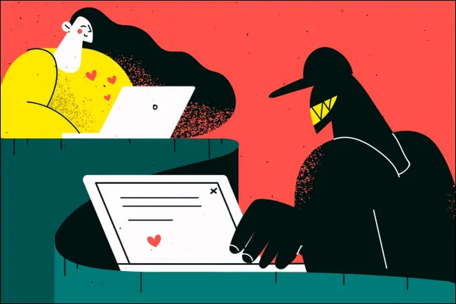 Illustrazione artistica di una donna che riceve un'emoji del cuore dal suo laptop inviata da un truffatore su un altro laptop.