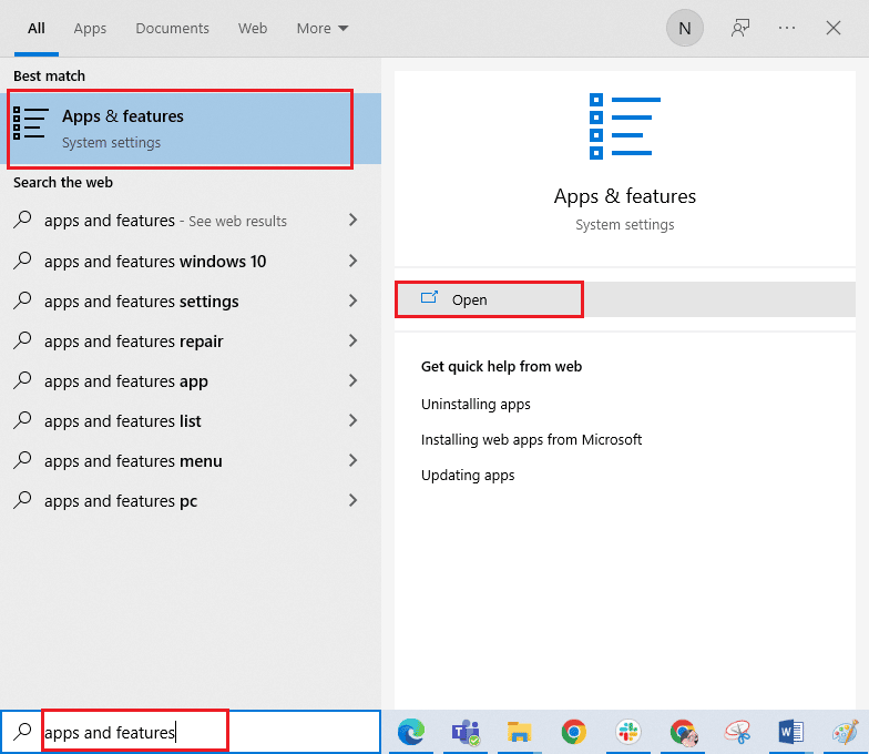 abrir aplicaciones y características. Solucione el error del punto de entrada del procedimiento en Windows