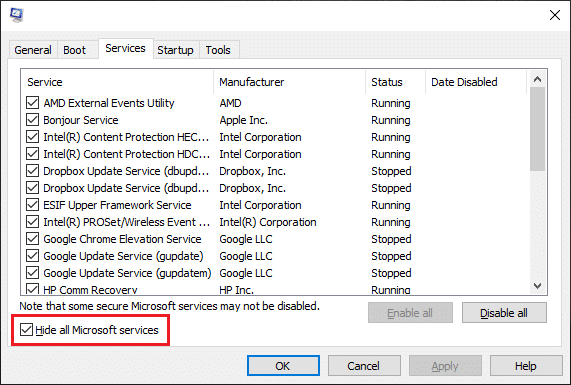 Bütün Microsoft Servisleri'ni gizle. Excel'in Bir Hatayla Çalıştığını Düzeltin