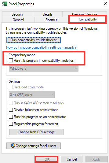 debifați opțiunea Run this program in compatibility mode