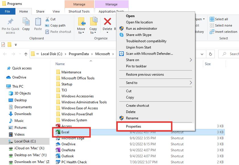 คลิกขวาที่ไฟล์ Excel.exe จากนั้นคลิกที่ Properties แก้ไข Excel เกิดข้อผิดพลาด