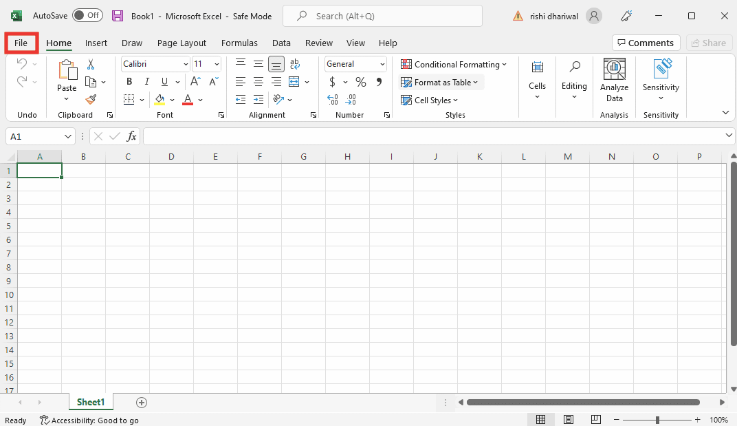 Klik File. Perbaiki Excel Telah Mengalami Kesalahan