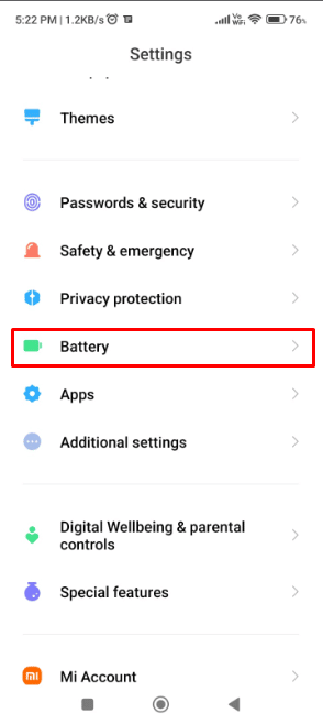 Quindi, fai clic sull'opzione di impostazione della batteria presente nel menu Impostazioni. | Avast scarica la batteria di Android?