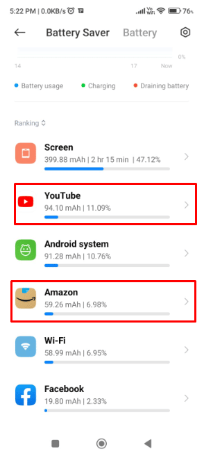 Scorri verso il basso e ci sarebbe un elenco che mostra il consumo della batteria di ciascuna app e servizio installato.