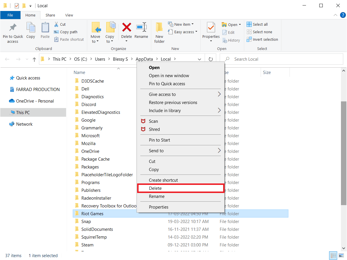 คลิกขวาที่โฟลเดอร์เกม Riot แล้วเลือก Delete