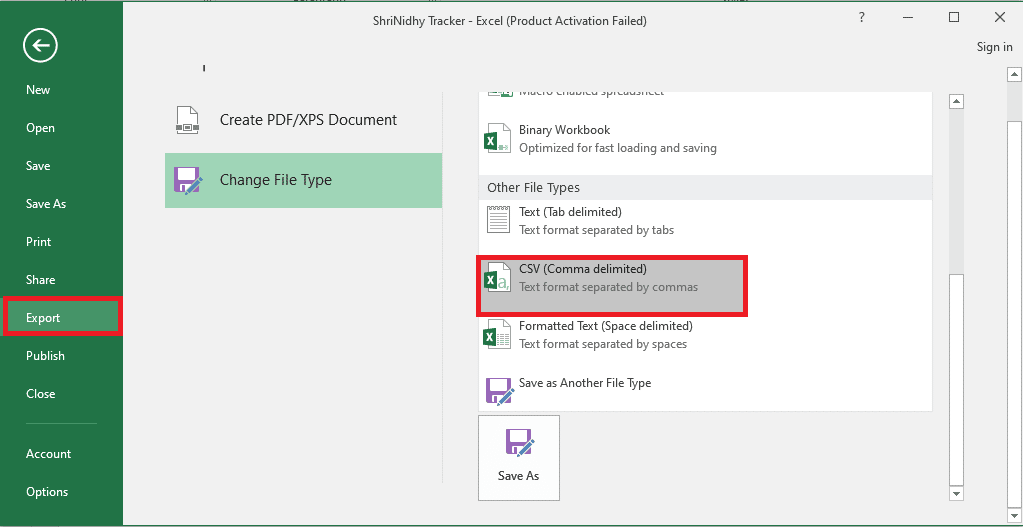 [エクスポート] タブをクリックし、CSV をクリックします。