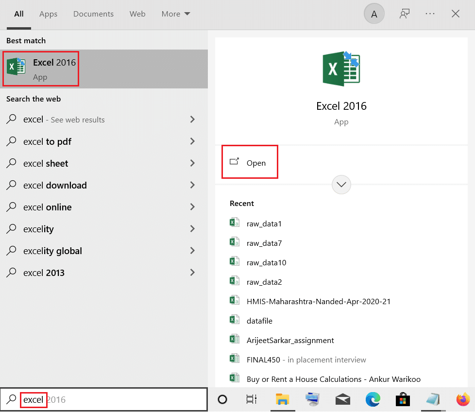 buka ms excel dari pencarian windows