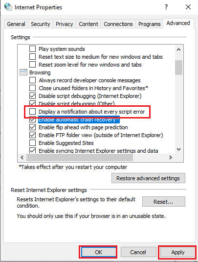 Hapus pilihan Tampilkan pemberitahuan tentang setiap kesalahan skrip. Perbaiki Kode Kesalahan 541 di Windows 10