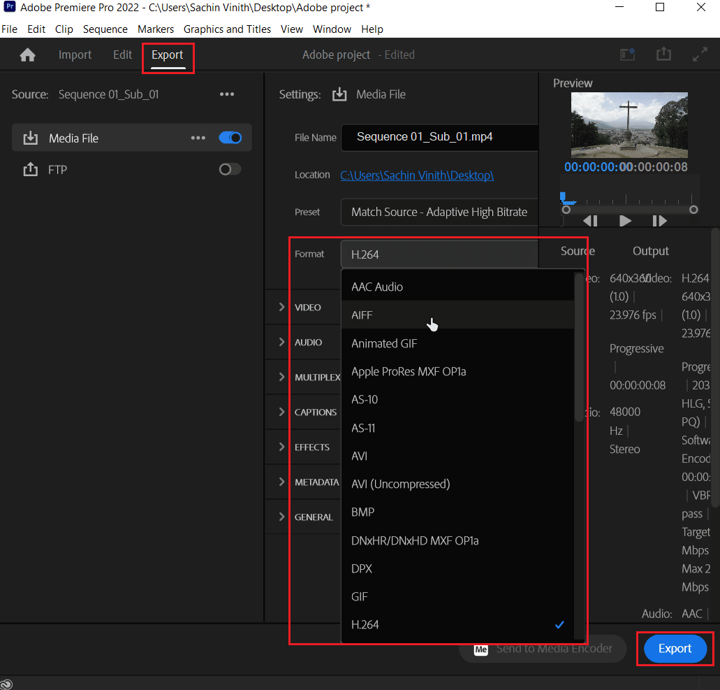 cambia il codec video e fai clic su Esporta