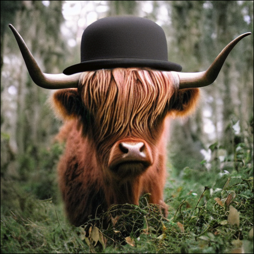 Une vache highland avec un chapeau melon.