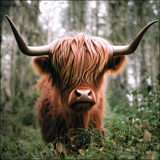 Uma adorável vaca das montanhas em uma floresta.