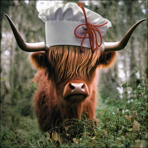 Une vache highland avec une toque de chef.