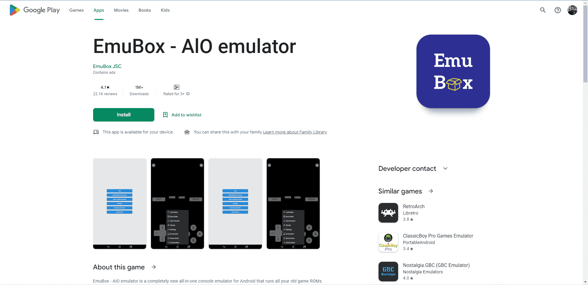 Pagina web del Play Store di EmuBox