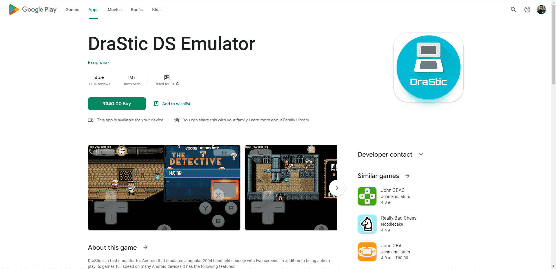 Halaman web play store emulator DraStic DS