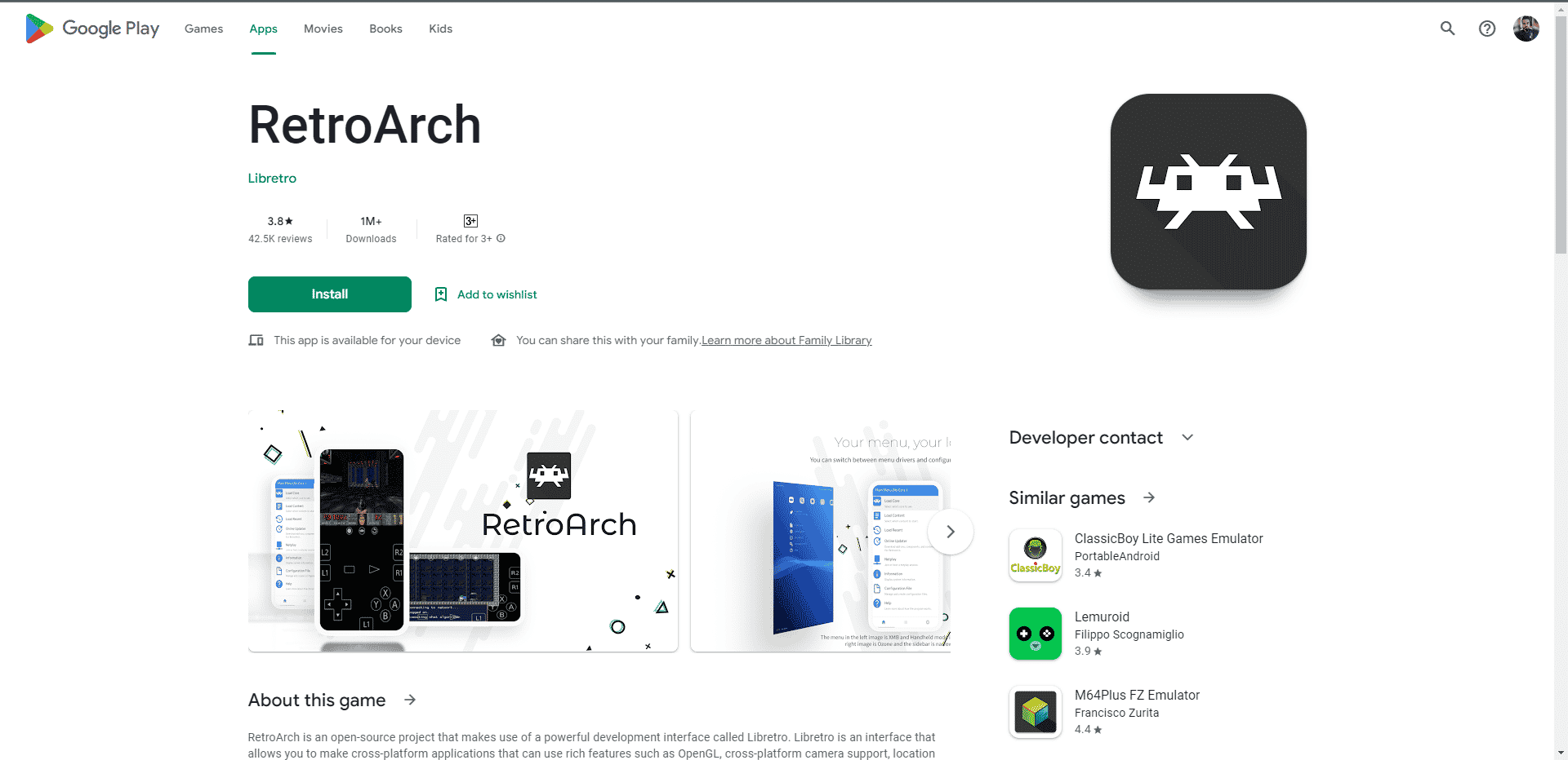 Pagina web del Play Store di RetroArch