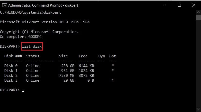 digita in list disk per visualizzare tutte le unità. Correggi il codice di errore 0x80070456 0xa0019 in Windows 10