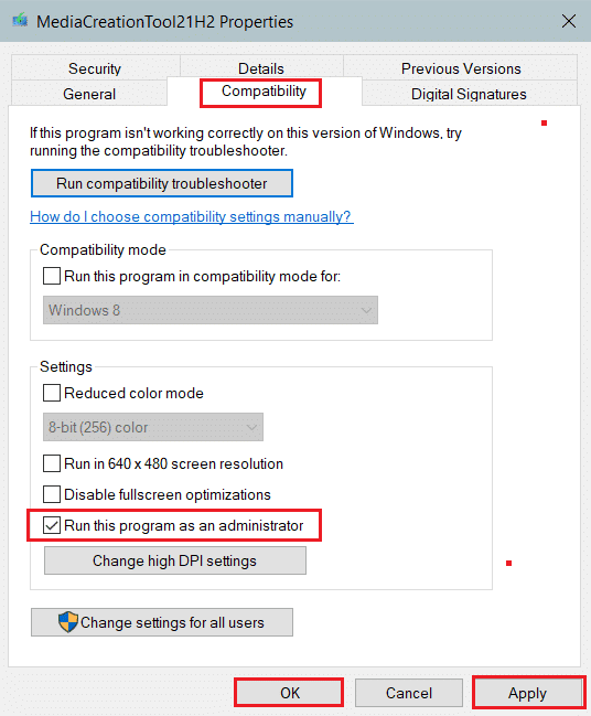 Windows 미디어 생성 도구 속성의 호환성 탭에서 이 프로그램을 관리자로 실행 옵션을 확인하십시오.