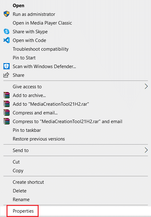 Klicken Sie mit der rechten Maustaste auf das Windows Media Creation Tool und wählen Sie Eigenschaften. Fehlercode 0x80070456 0xa0019 in Windows 10 beheben