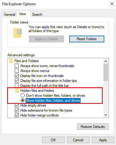 En Archivos y carpetas ocultos, seleccione Mostrar carpetas o controladores de archivos ocultos