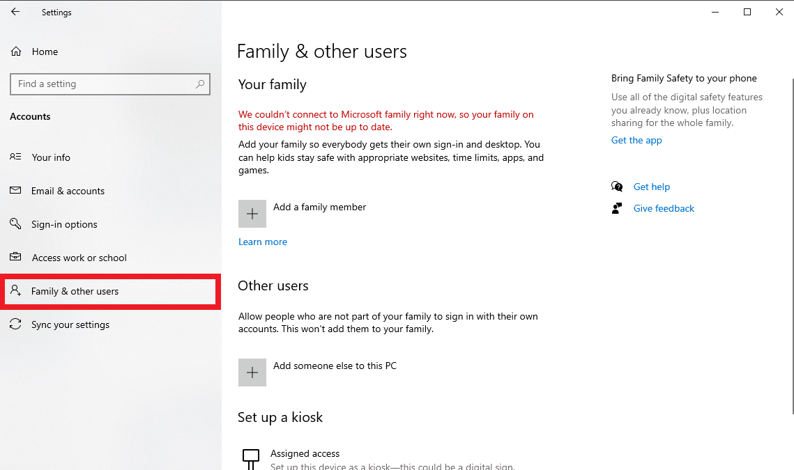 คลิกที่ครอบครัวและผู้ใช้รายอื่น แก้ไขข้อผิดพลาดที่ไม่คาดคิดทำให้คุณไม่สามารถใช้คุณสมบัติ