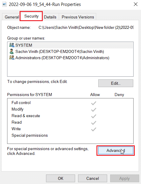 navigați la securitate și faceți clic pe avansat. Remediați eroarea neașteptată care vă împiedică să aplicați proprietăți