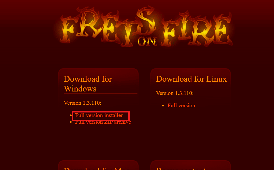Ouvrez le site Web de Frets on Fire et cliquez sur le programme d'installation de la version complète