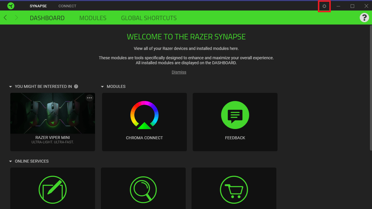 Clique no ícone de engrenagem de configurações. Como corrigir o Razer Audio Visualizer não está funcionando