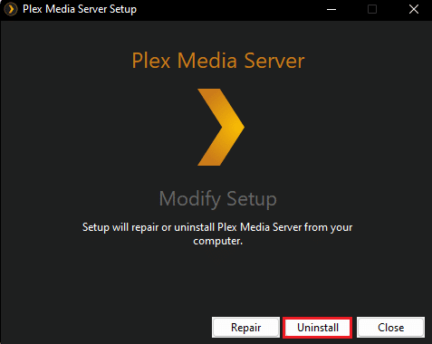 คลิกที่ปุ่มถอนการติดตั้ง แก้ไข App Plex TV ไม่สามารถเชื่อมต่อได้อย่างปลอดภัย