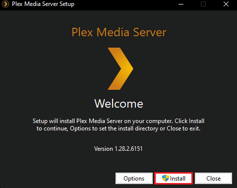 klik instal pengaturan server media plex