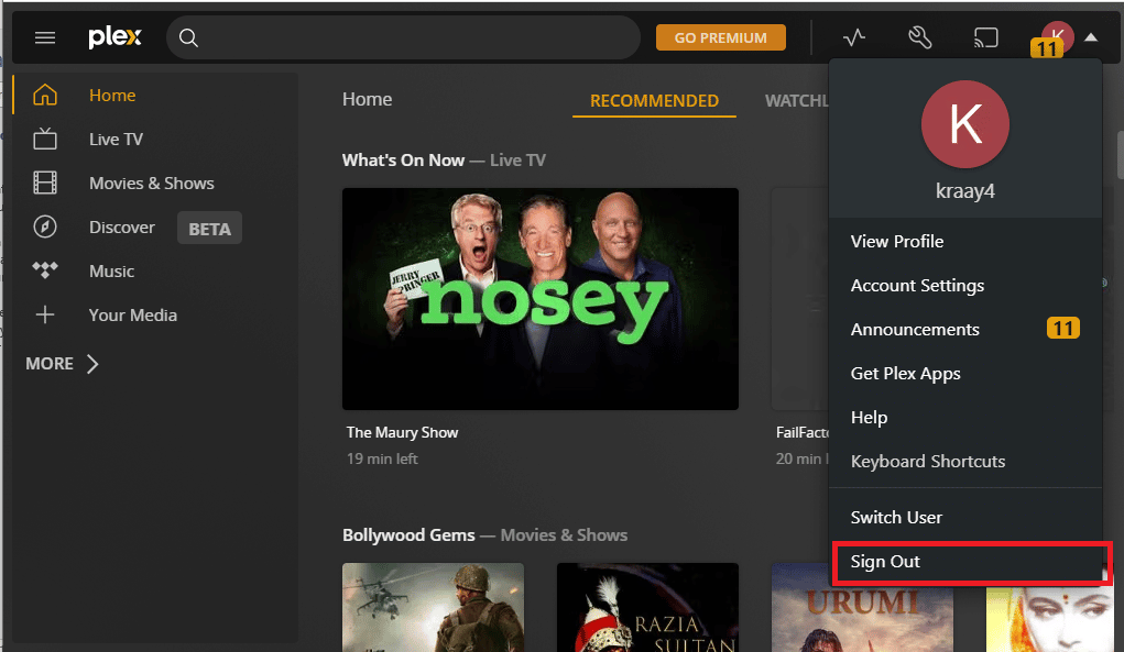 Fare clic sull'opzione Esci. Fix App Plex TV non è in grado di connettersi in modo sicuro