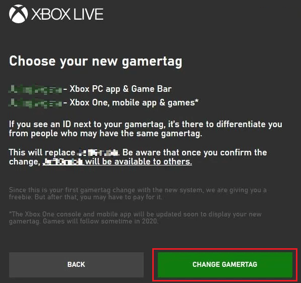 Pilih gamertag Xbox baru Anda pilih-CHANGE-GAMERTAG atau Kembali