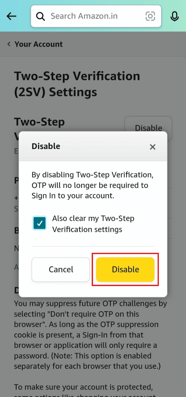 Appuyez sur Désactiver pour confirmer votre action de désactivation de la vérification Amazon OTP | connectez-vous à Amazon si vous changez de numéro de téléphone | contourner la vérification Amazon OTP